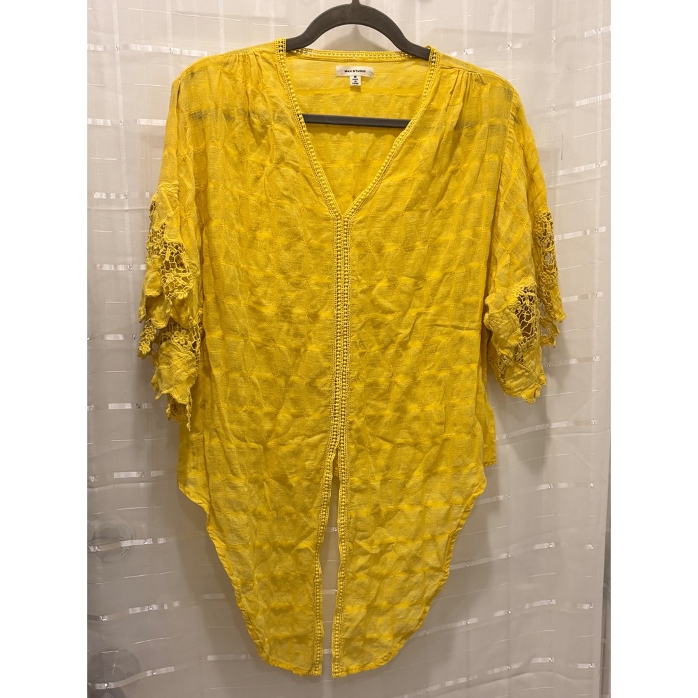 Max Studio Yellow Crochet Lace Sleeve Tie Front Blouse Medium A701C32